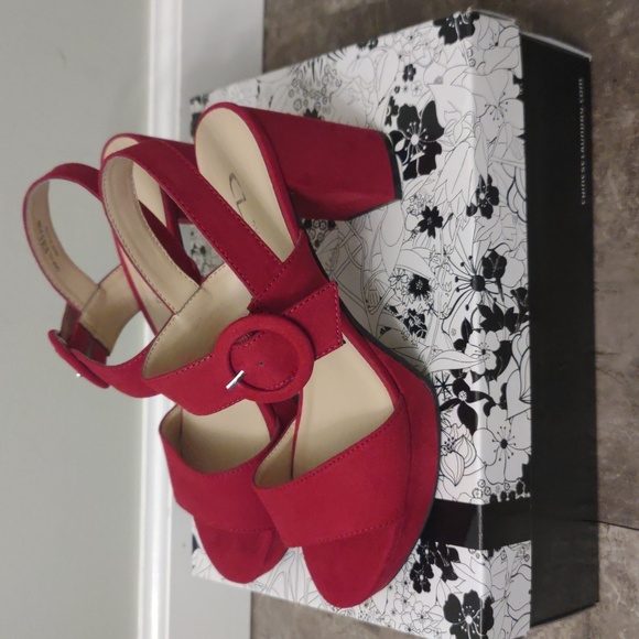 Ruby Red Suede Strap Chunky Heels - Picture 4 of 8